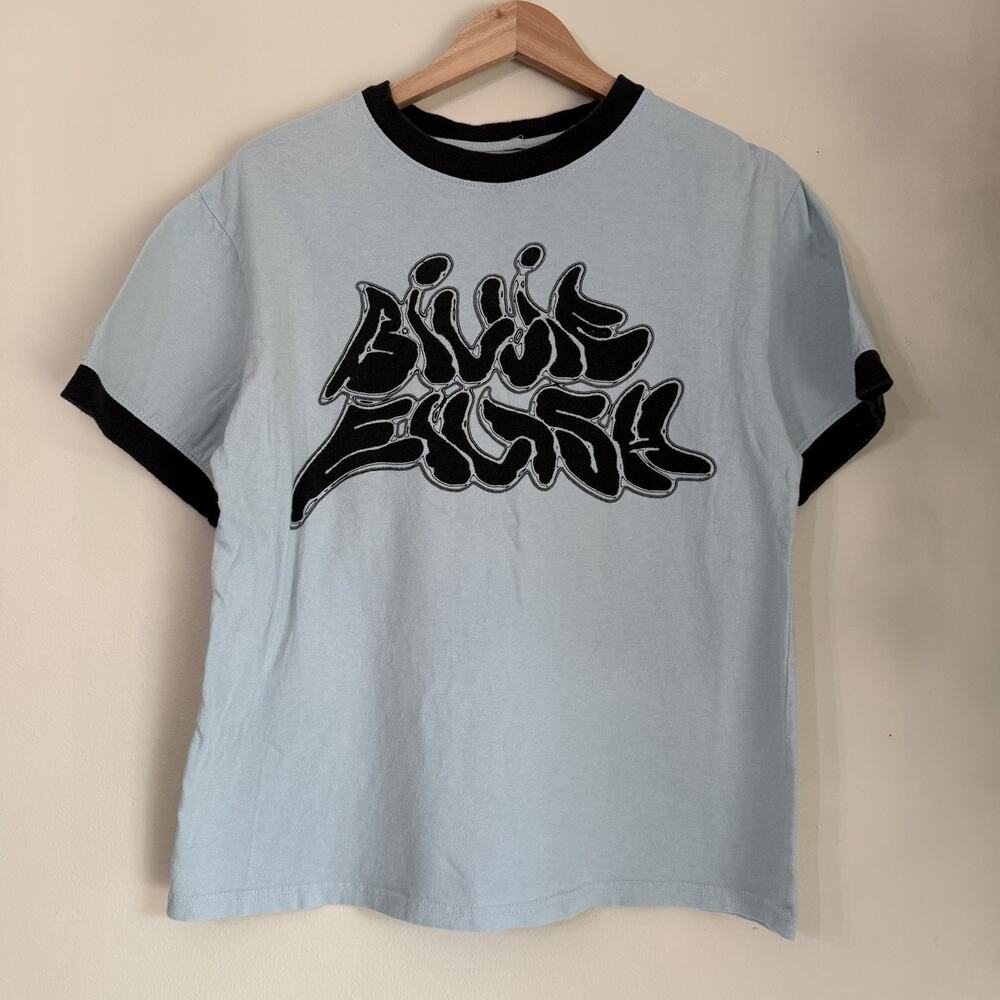 Billie Eilish Official Merch Ringer T Shirt Size Small Blue with Black Letters